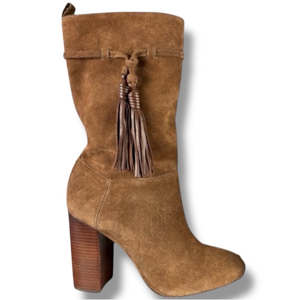 Vince Camuto Brown Suede Slouch Tassel Mid Calf Stacked Heel Boots 10
